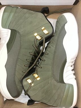 Jordan Olive Green and White High-Top Sneakers with Gold Accents